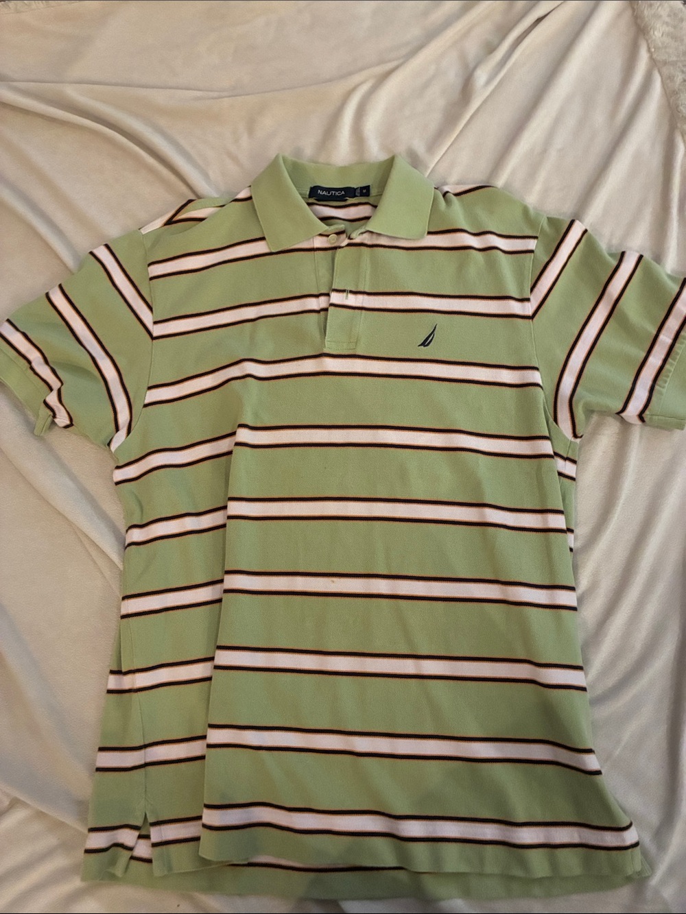 Nautica Men’s Sage Green Striped Polo with White & Brown Bands